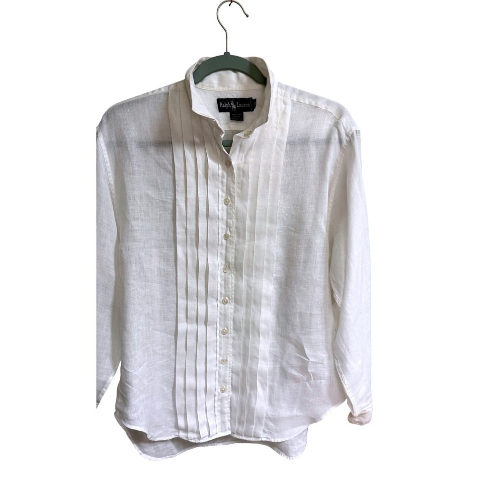 Ralph Lauren Linen Pleated Front Tuxedo Shirt White Stand Collar Size 14 Preppy
